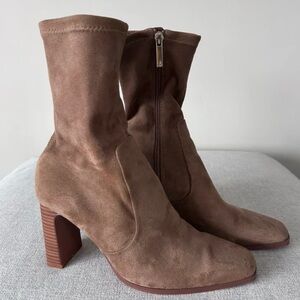 Zara Brown Suede Block Heel Mid-Calf Zip Boots